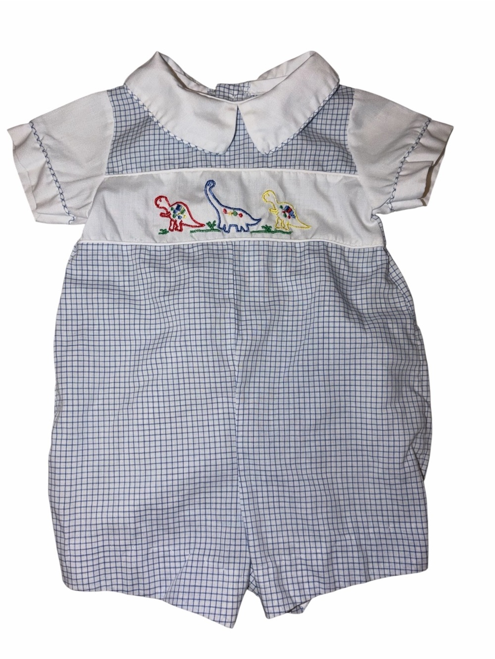 Vintage 80s Alexis Dinosaur Baby Bubble Romper 3m Made USA Gingham Embroidered